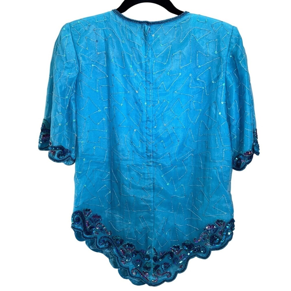 Crystals‎ Women Blouse Size L Turquoise Beaded Sequin Scalloped Hem Mermaidcore - Picture 2 of 13
